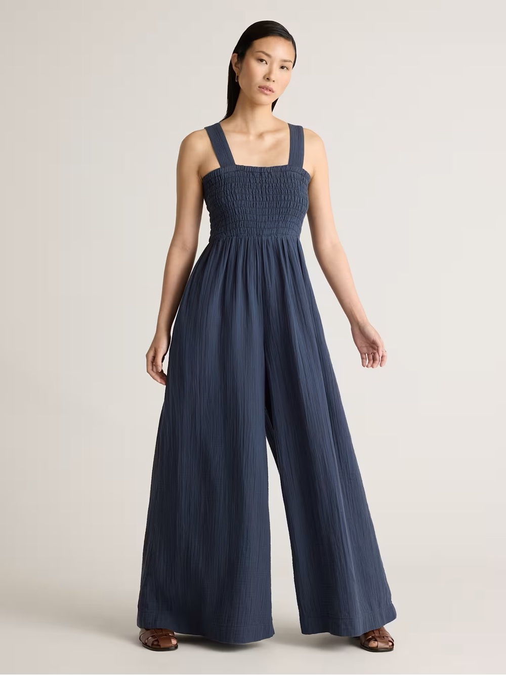 Quince Organic Cotton Gauze Smocked Wide Leg Jumpsuit Navy Blue Size Small NWOT - Picture 2 of 8